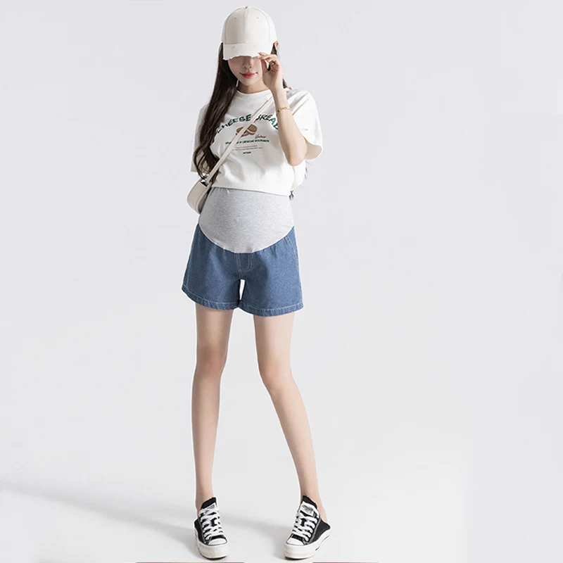 Maternity Denim Shorts Summer Thin Loose Casual Wide-leg Belly-supporting Pants Maternity Wear Fashionable Three-quarter Pants