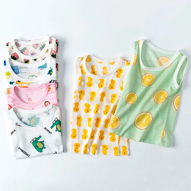 Children Undershirts Breathing Cotton Crop Top for Kids Mesh Girls Vest Boys Sleeveless Top Cartoon Baby Tank Top Clothing