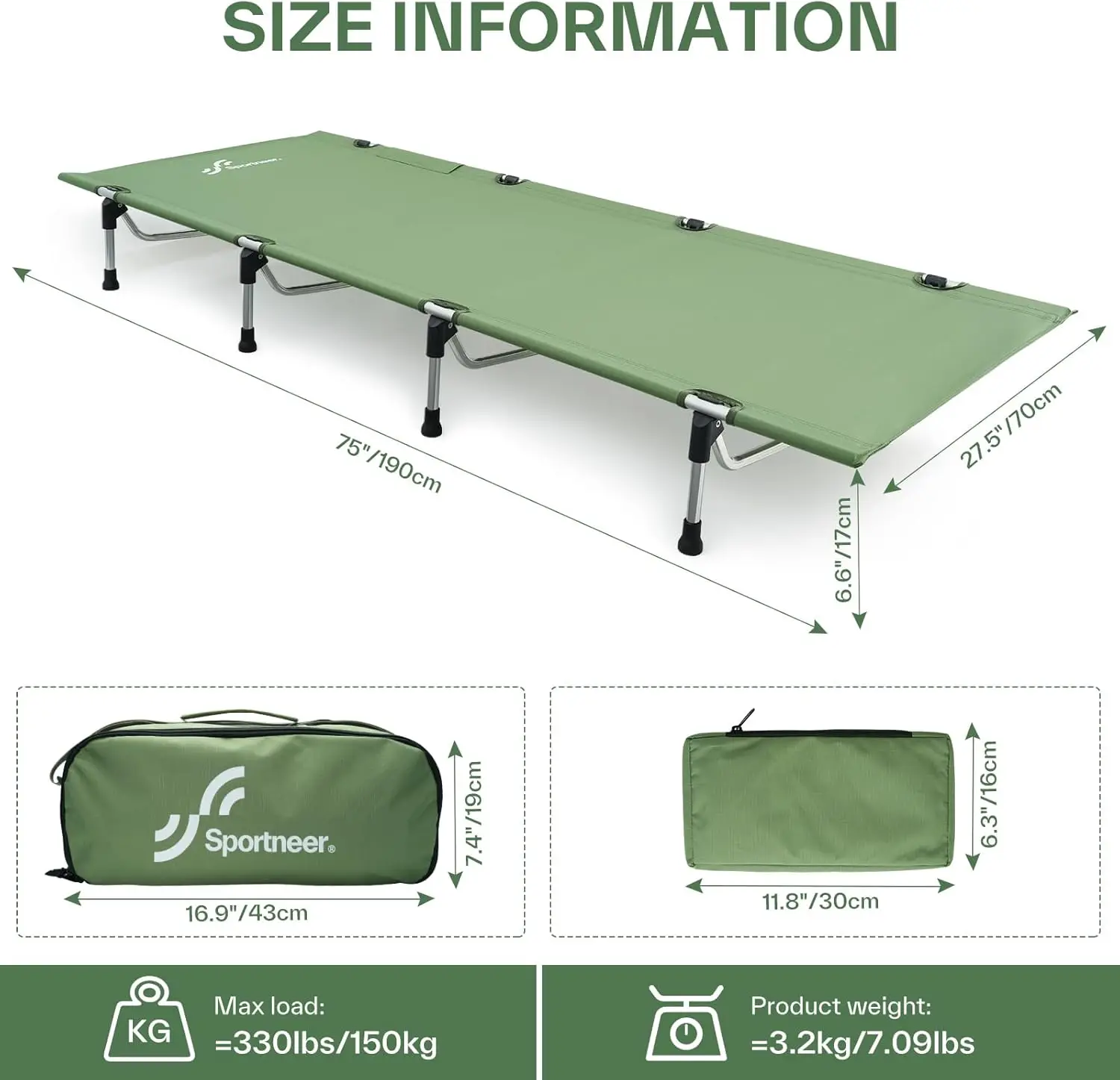 Sportneer Camping Cot Folding Cots Portable Lightweight Sleeping Camping Bed for Adults Outdoor Travel Backpacking Camp Hiking