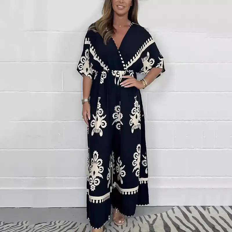 Women’s V Neck Wide Leg Jumpsuit Casual One Piece Printed Short Sleeved Loose Jumpsuit