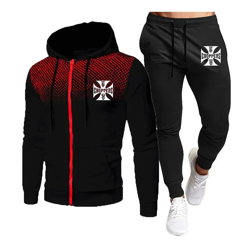 West Coast Chopper Logo Animation Print High Quality Sports Pants + Jacket Suit New Cotton Trend Men\'s Hooded Jacket Set