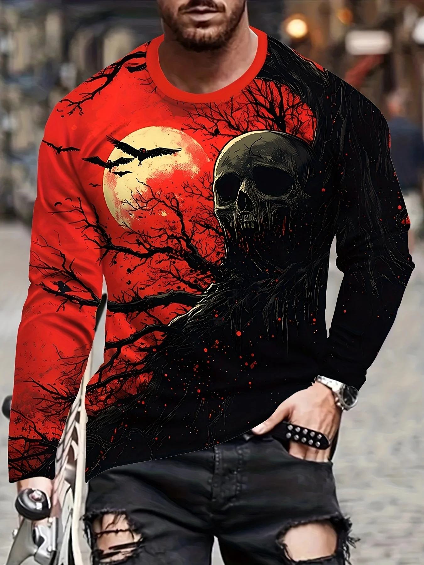 

Men's Twilight Skull Tee Sunset Graphic Print 100% Polyester Crew Neck All-Season Halloween​