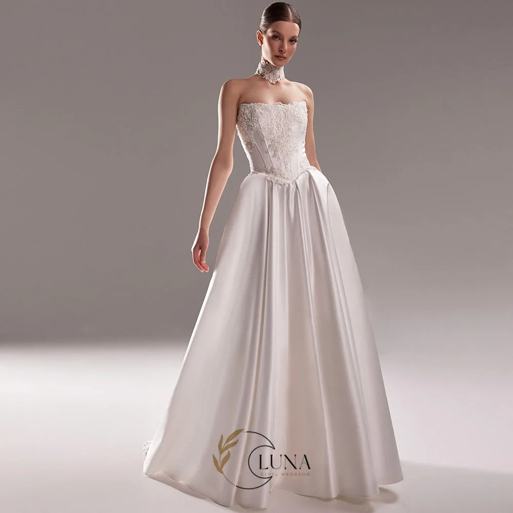 Luna Graceful Strapless Ivory Satin A Line Wedding Dress Lace Appliques Corset Lace Up Back With Pocket Bridal Customized