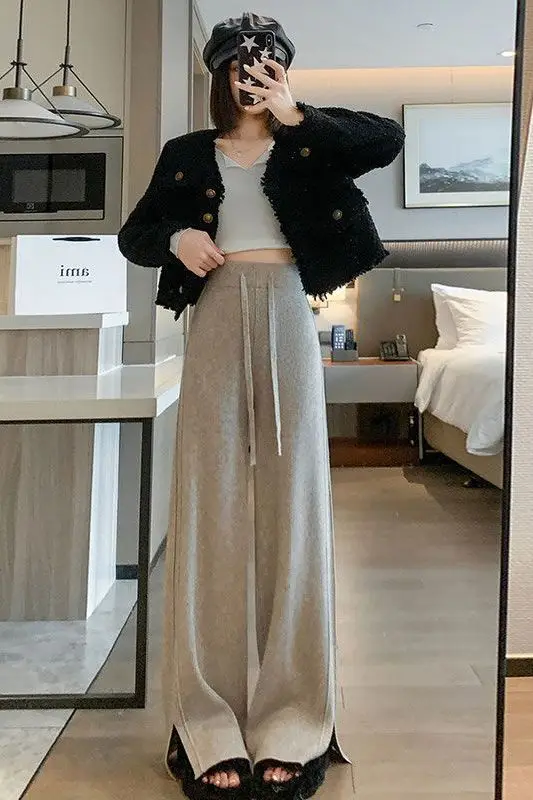 

Драпированные широкие брюки с высокой талией для женщин, зимние повседневные свободные вязаные прямые брюки на шнуровке, женские однотонные брюки с вентиляционным отверстием CQ32