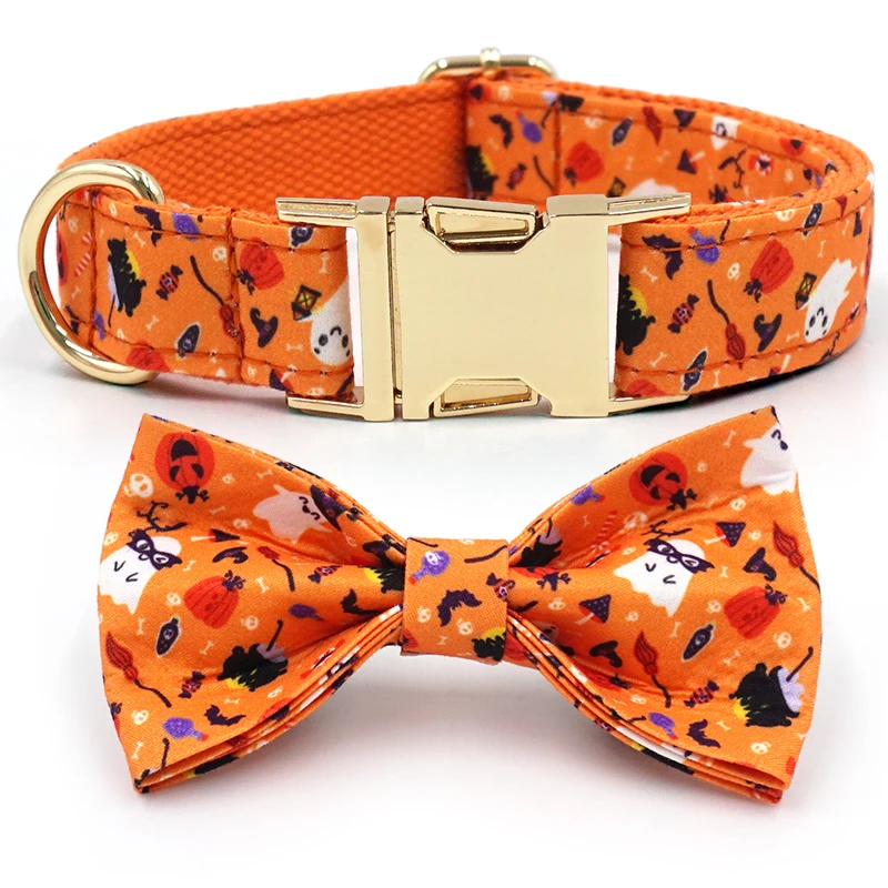 

Tiktok Best Selling Products Cotton Ghost Pattern Halloween Collars Luxury Dog Charm Collar Fashion Orange Pumpkin Dog Collar