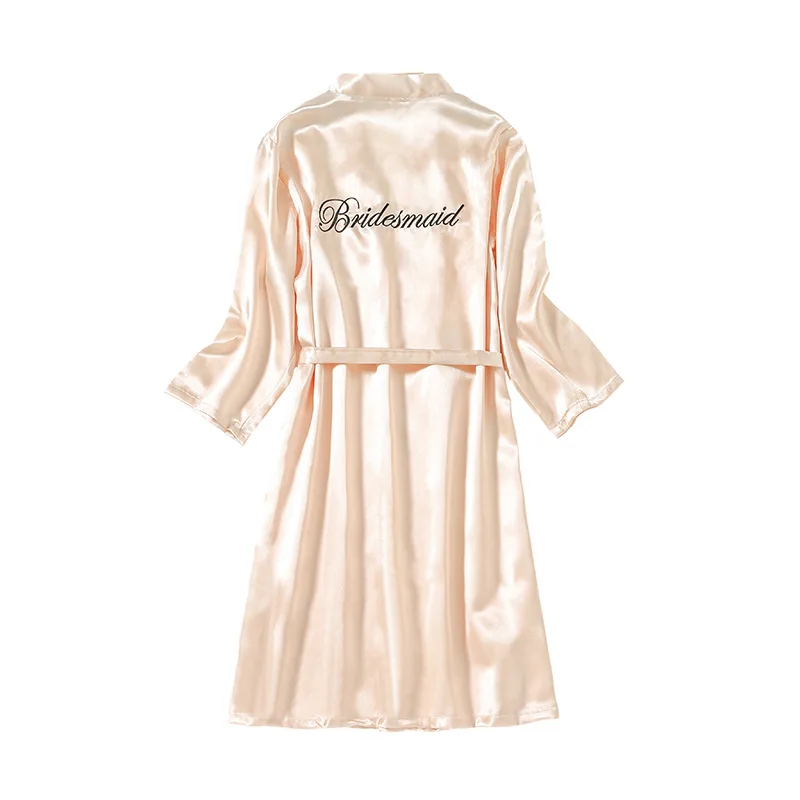 Letter Embroidery Satin Bride Night Dress Solid Color Long Sleeve V-Neck Robe With Belt For Wedding And Ceremony Bridesmaid Pjs