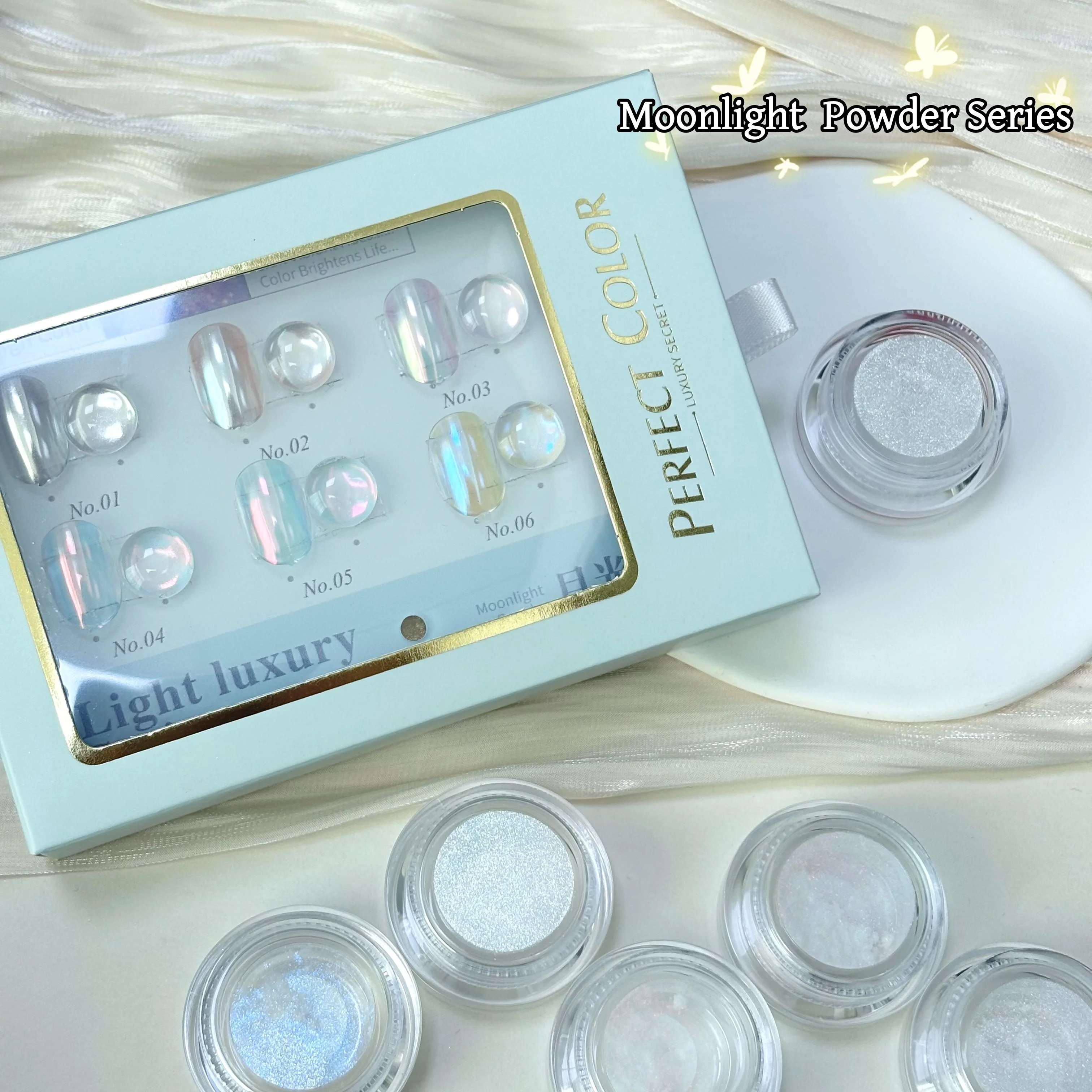 Moonlight Nail Powder Set, 6 Colors, Color Palette, Light Enhancing Powder, High-End Manicure Shop Exclusive, Aurora Finish
