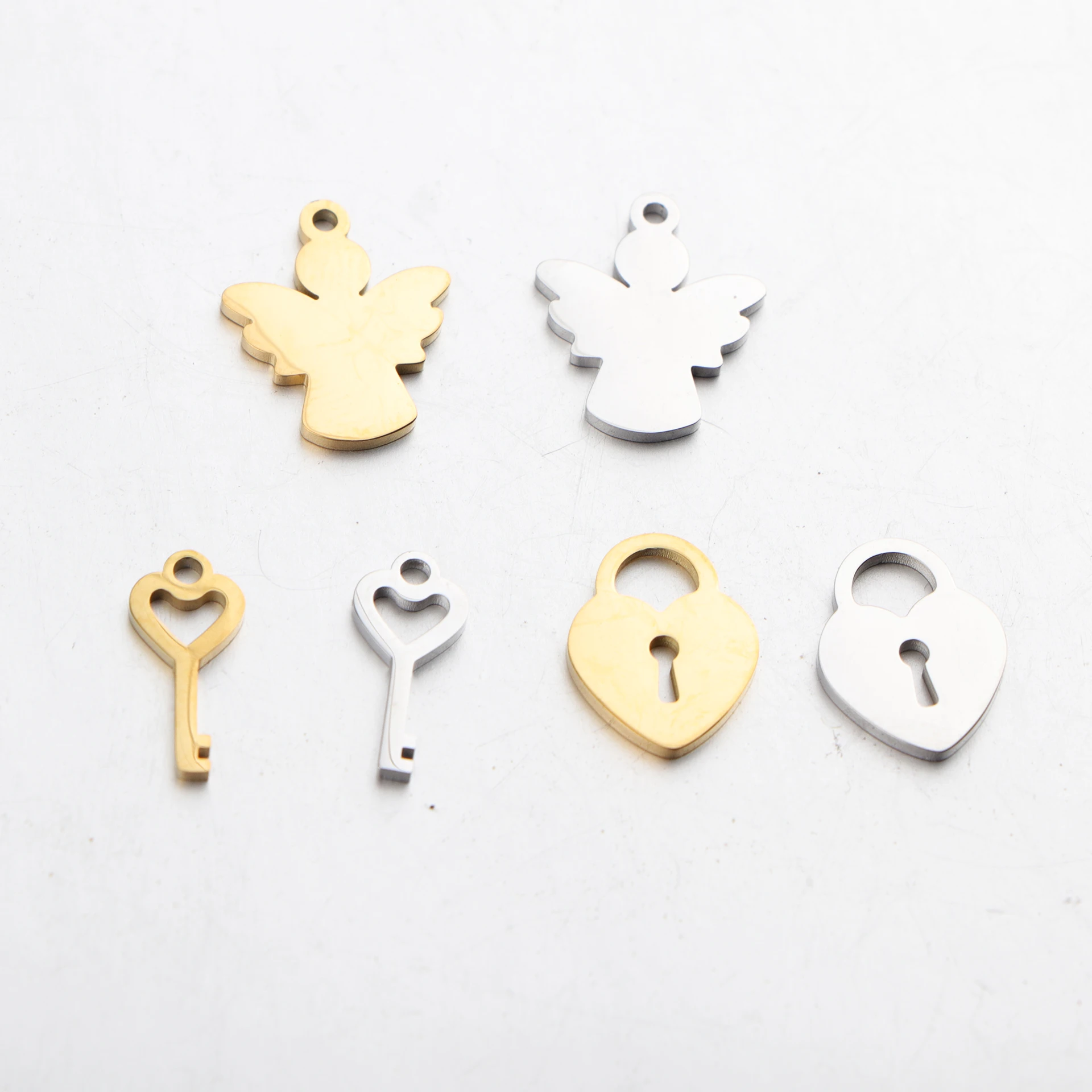 20pcs/lot Mirror Polished Stainless Steel Mini Lock and Key Angel Charm Pendant for DIY Necklace Bracelet Earring Jewelry Making