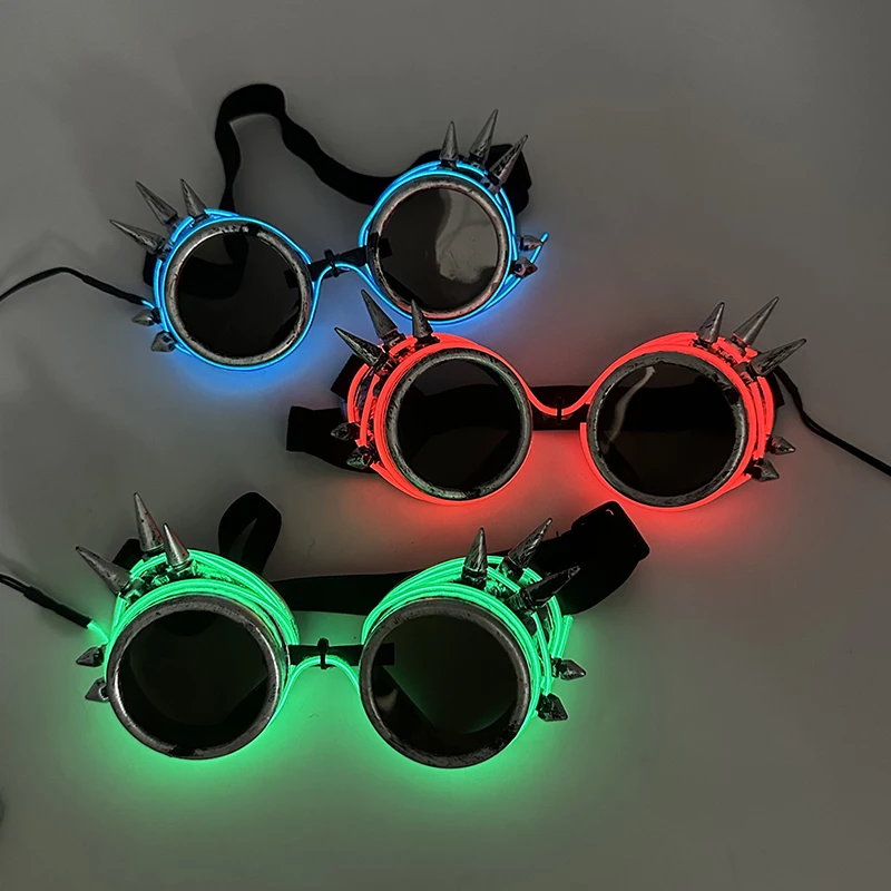 Glowing Neon Gothic Glasses For Halloween LED Light Up Steampunk Glasses Men Women Party Supplies Neon Glasses With Nail Props