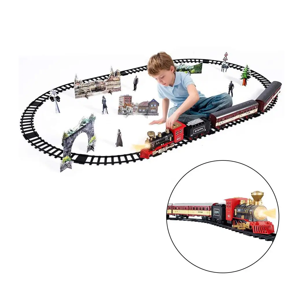 Steam Locomotive Engine Electric Train Toy with Lights & Sound Railway Kits Cargo Cars & Tracks Railway Track Play Set Gift