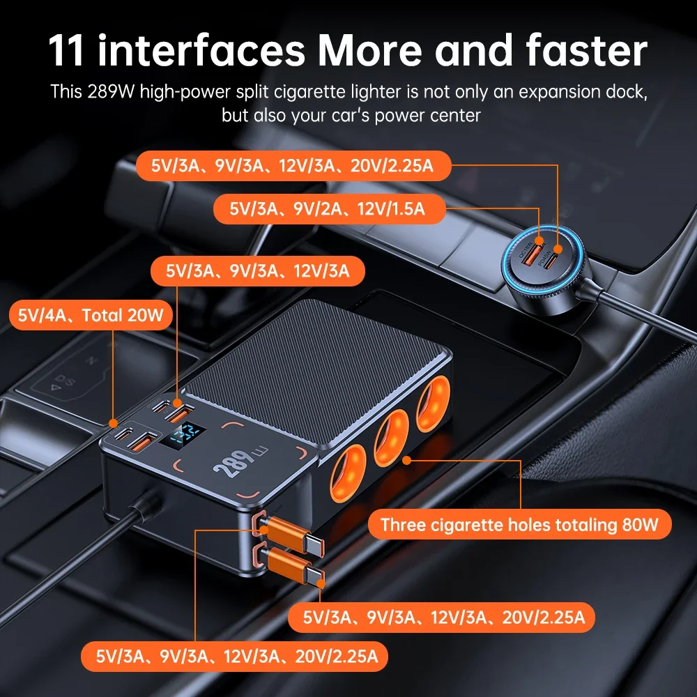 289W 9 in 1 Car Fast Charger Adapter Charge Independent Switches DC Cigarette Outlet PD 3 Socket Cigarette Lighter Splitter