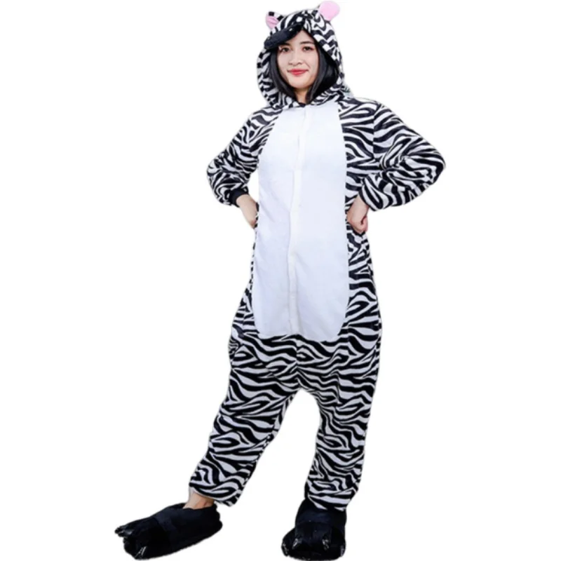 Zebra Striped Beast Image Hooded One Piece Pajamas for Parent-child Leisure and Comfort Winter Cold Resistant Home Clothing