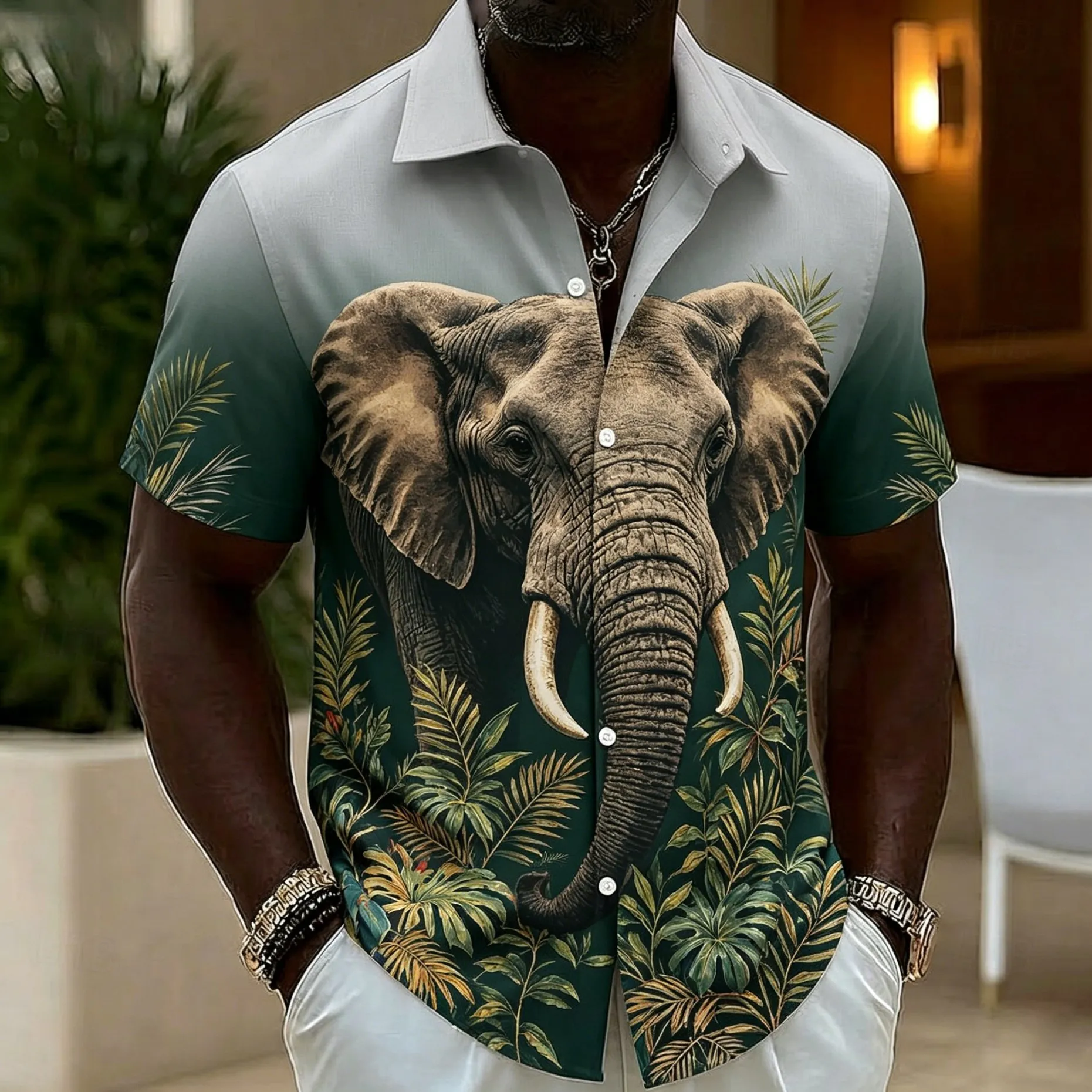 Men's Tropical Elephant Print Short Sleeve Shirt, Casual Button Up Tops, Jungle Themed for Spring & Summer