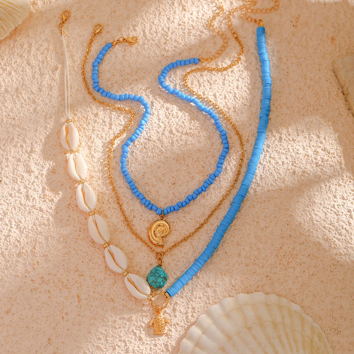 Multilayer Personality Blue Irregular Natural Stone Pendant Sea Turtles Necklace Small Conch Beads Handmade Wove Choker Jewelry