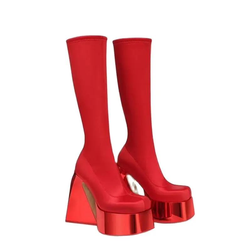 

Red Platform Knee High Boots Solid Color Square Toe Shoes for Women Strange Style High Heels Shoes 2023 Zapatos Para Mujere