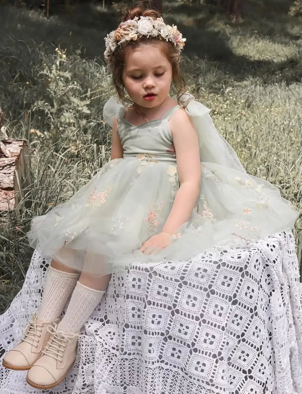 Ballkleid-Blumenmädchenkleider für die Hochzeit, kurzes, mit Blumenspitze besticktes Tüll-Kleid für Kinder, Festzug, Prinzessinnenkleid für Mädchen