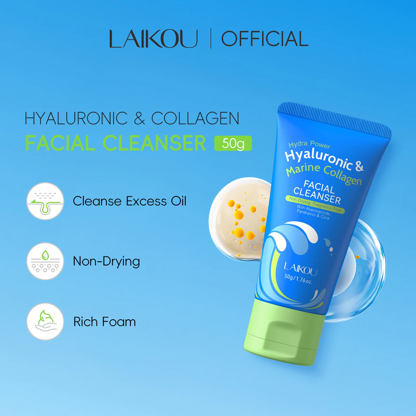 Laikou Hyaluronic Acid Collagen Facial Cleanser 50g Deep Cleansing Face Wash Hydrating Moisturizing Gentle Skin Care
