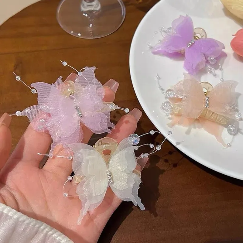 Cute Multicolor Tulle Lace Butterfly Shark Clips 3 Layer Decor Side Bang Hair Accessories for Teen Girls Party Styling