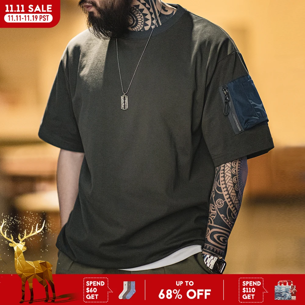 

Maden Retro MA1 Pocket Ribbed Round Neck Pure Cotton Short-sleeved T-shirt Fashion Style Loose Silhouette for Men's Summer Tops