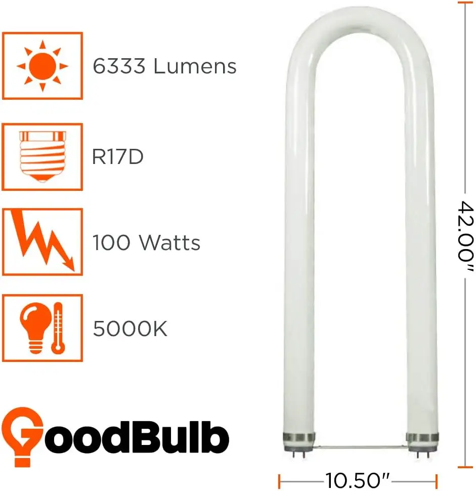 GoodBulb 100-Watt 6 Inch T12 Fluorescent U-Bend Light Bulb  5000K Daylight White Color |Medium Bi-Pin Base  High Output 6333