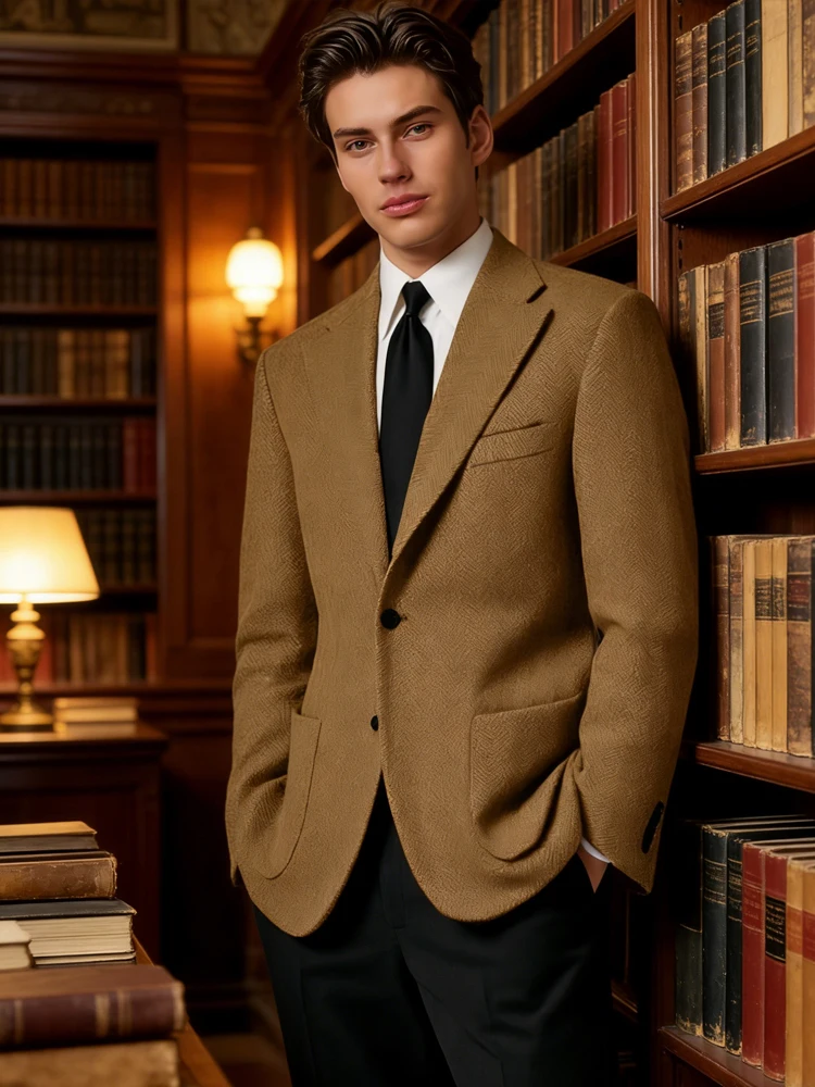 

Premium Wool-Blend Herringbone Blazer Single-Breasted Casual Jacket Men's Tailored Business Prom Tuxedos Wedding Suit Jacket