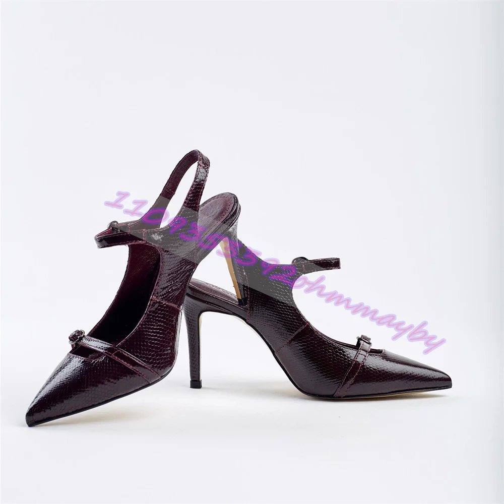 

Ladies' Burgundy Snakeskin Multi-Strap Mules Women'S Sweet Stiletto Pointed-Toe Slingback Pumps Luxury Party Evening Runway Shoe