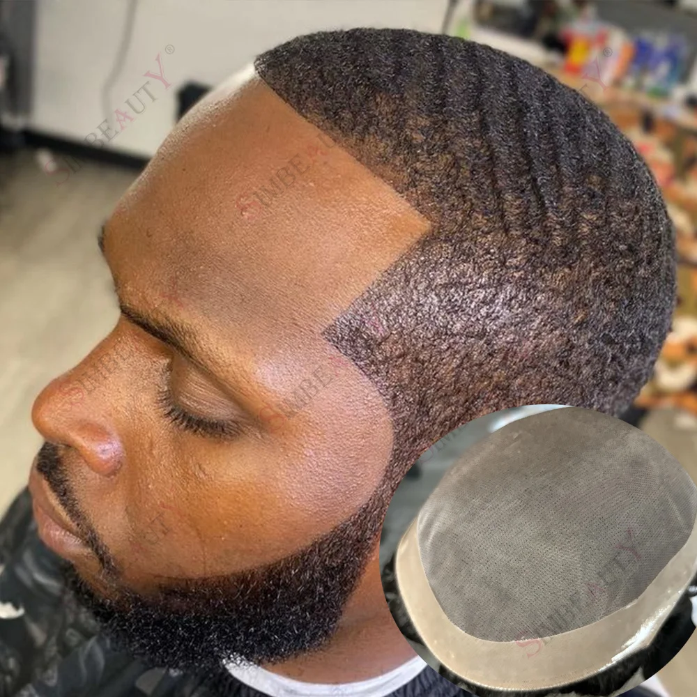 Atmungsaktives Mono-Spitzenoberteil, 8 mm/10 mm, tiefes lockiges Echthaar, schwarzes Herren-Toupet, günstiges Afro-Wellen-Mann-Haarteil, männlicher prothetischer Haarausfall