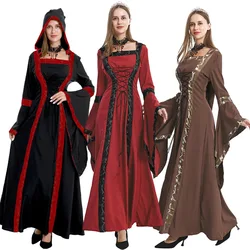 2024 New Halloween Retro Medieval Hooded Dress Square Neck Tie Bell Sleeves Large Swing Skirt Stage Performance Clothing