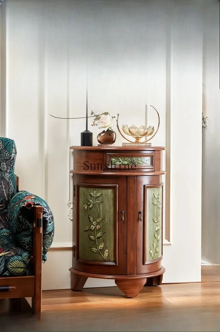 

American retro painted semi-round bucket double door cabinet solid wood living room entrance decorative storage furniture FT