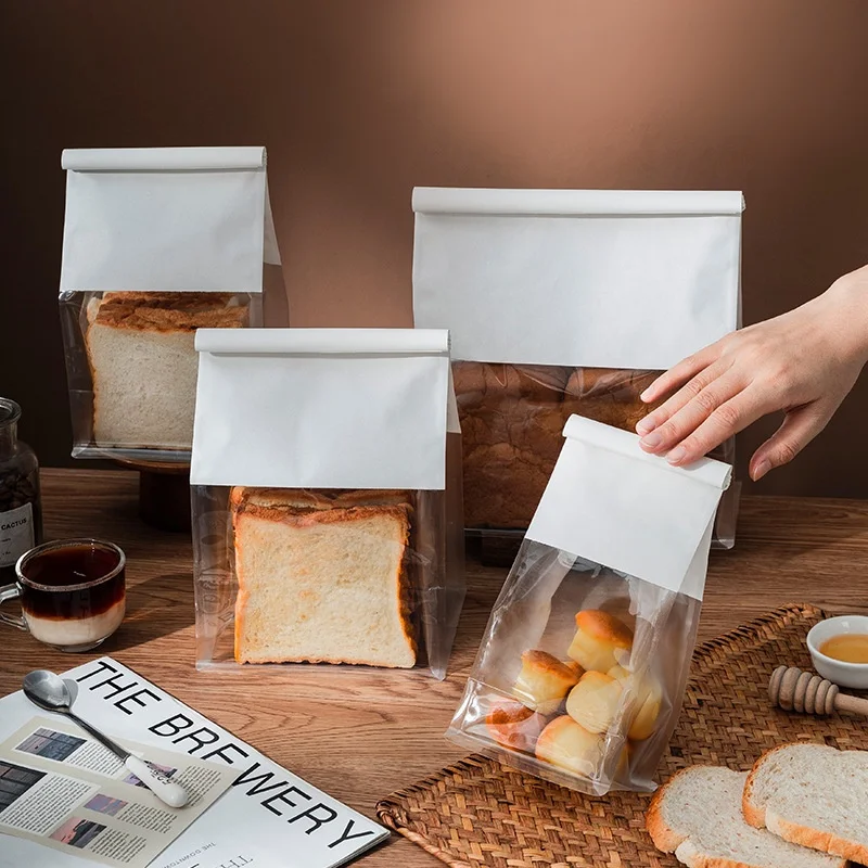 100pcs Toast Bag Packaging Bag, Ziplocked Bread Bag, Wire Rolled Transparent Cookie Cake Bag, Kraft Paper Bag