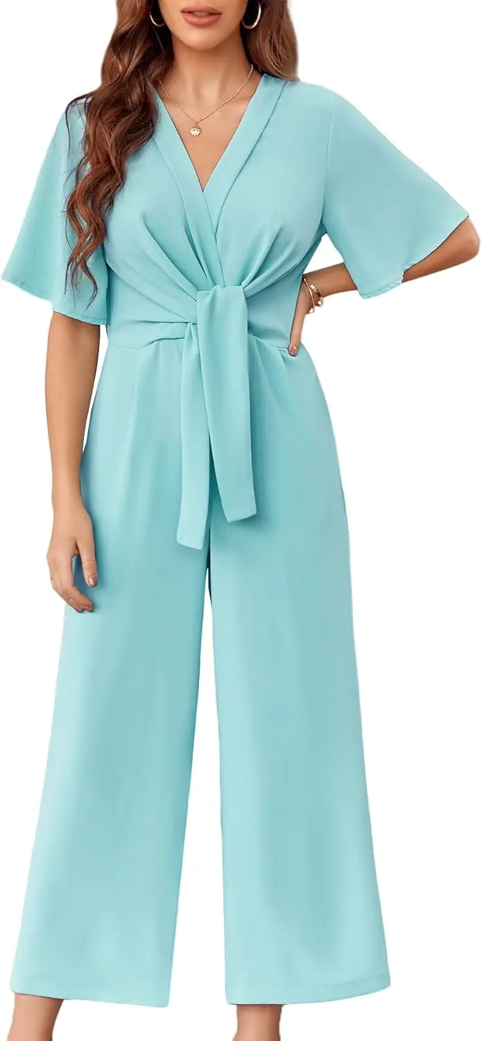 

Womens Deep V Neck Wide Leg Jumpsuits Short Sleeve Tie Knot Front Summer Casual Flowy Long Rompers