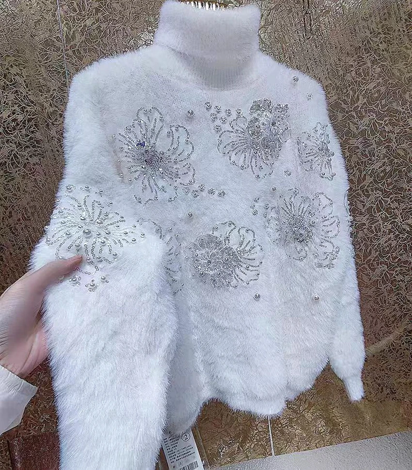 High-end Beads Sequined Stitch Thick Faux Fur Turtleneck Sweater for Women Autumn/Winter New Knit Outwears Pullovers Jumpers