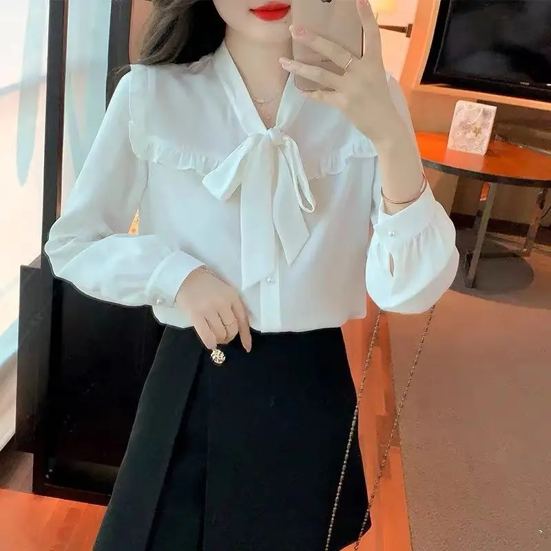 French Chiffon Shirt Women's New White Bow High-end Chic Beautiful Western-style Small Shirt