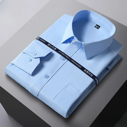 Imagen 2 del producto Camisa Formal para hombre, manga larga, oficina, Color sólido, antiarrugas, moda, bolsillo de negocios, bolsillo Social blanco, camisa blanca de oficina, S-5XL