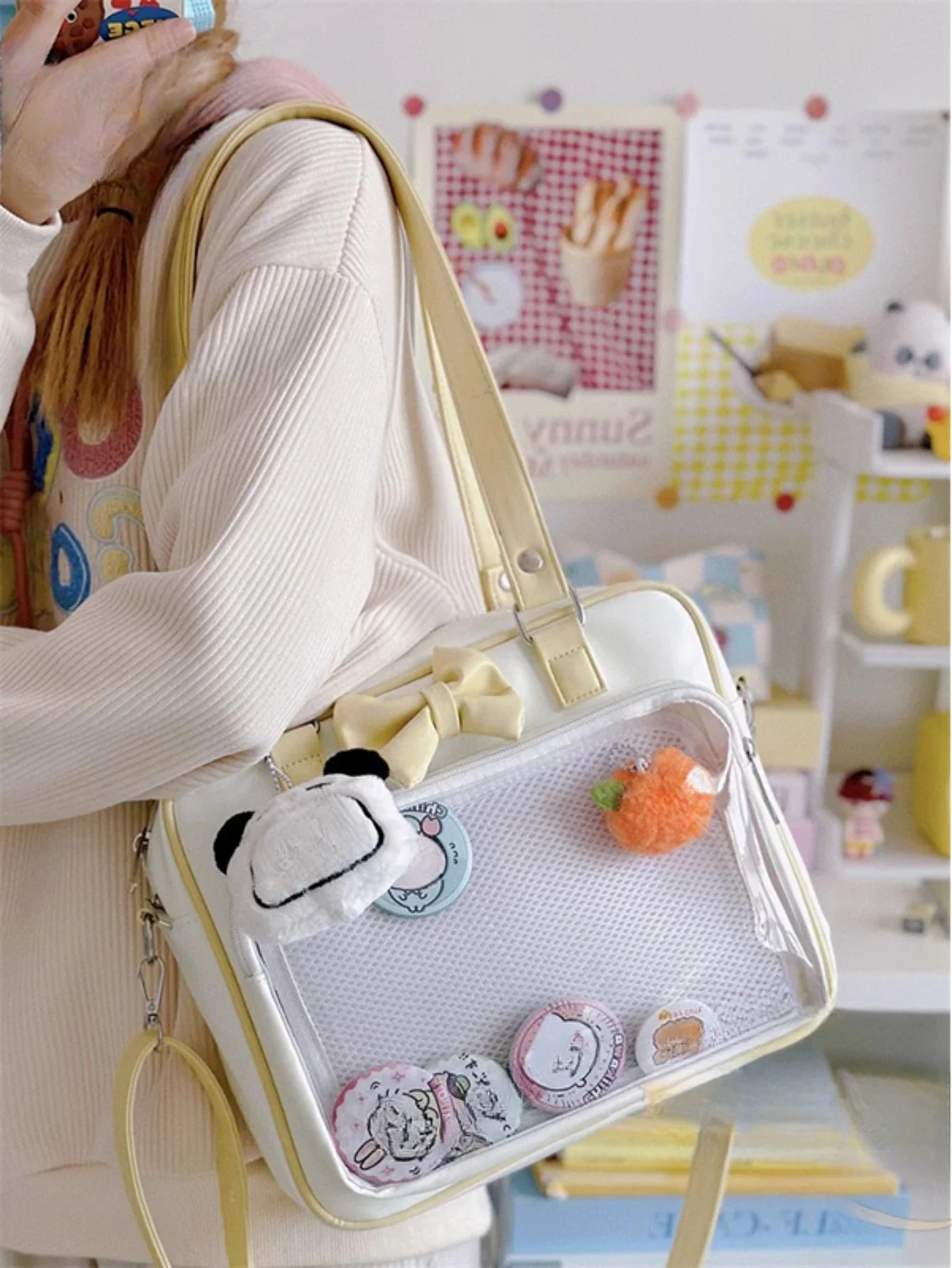 Tote Handbags Women Ita Bag JK Girl Japanese Style Kawaii PU Leather Itabag Women Transparent Pocket Bowknot Lolita Shoulder Bag