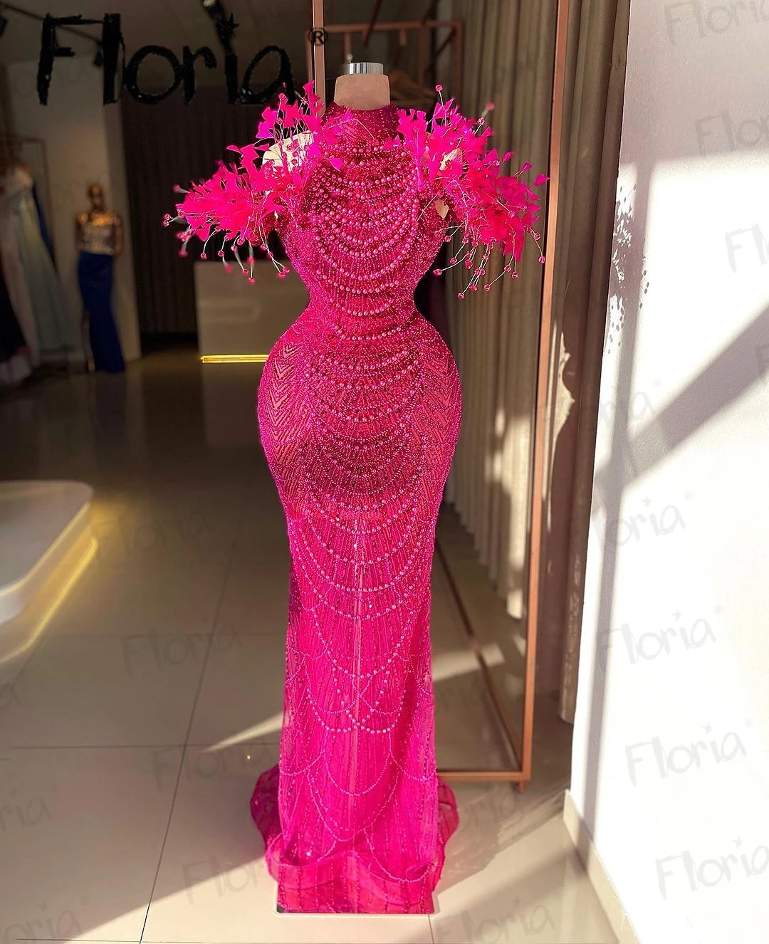 Floria Fuchsia Feather Solid Party Dress Dubai Off Shoulder Wedding Guest Gowns Women Mermaid Engagement Dress Vestidos De Noche