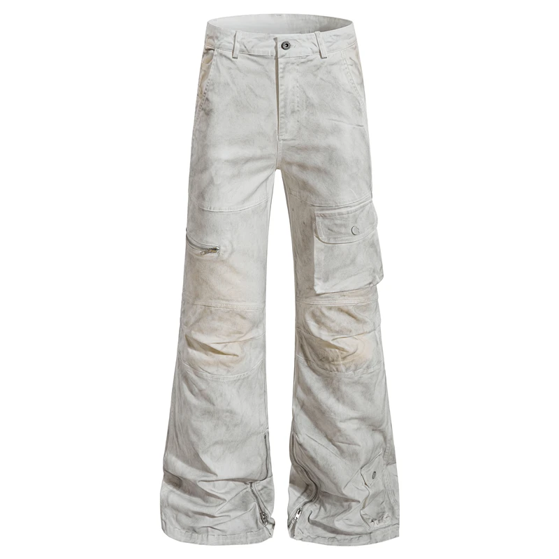 

American Retro High Street Spray Dir Cargo Pants Micro Flared Workwear Trousers Knee Patched Bell Bot Casual Cotton