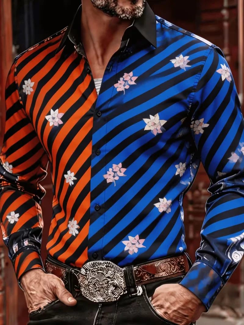 New Red and Blue Vortex Printed Satin Shirt American Trendy Abstract Fluid Ripple Men's Slimming Long Sleeve Shirt