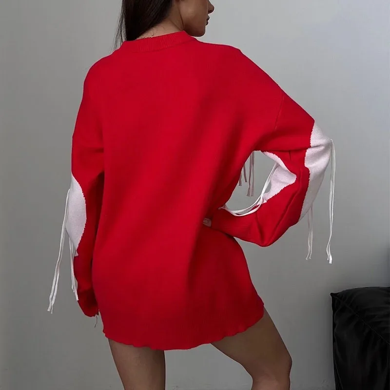 여성용 태슬 스웨터, 러브 프린트 레이디 캐주얼 루즈 니트웨어, 2024 가을 겨울, 긴 소매 O-넥 풀오버 니트 탑