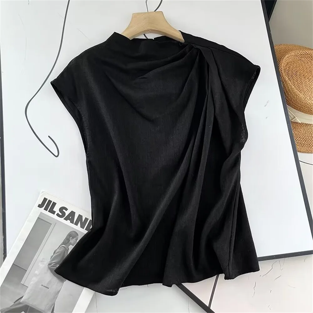 Cos Lris 2024 Summer Women\'s Temperament Black Shoulder Drape Design Sleeveless Comfortable Shirt Top