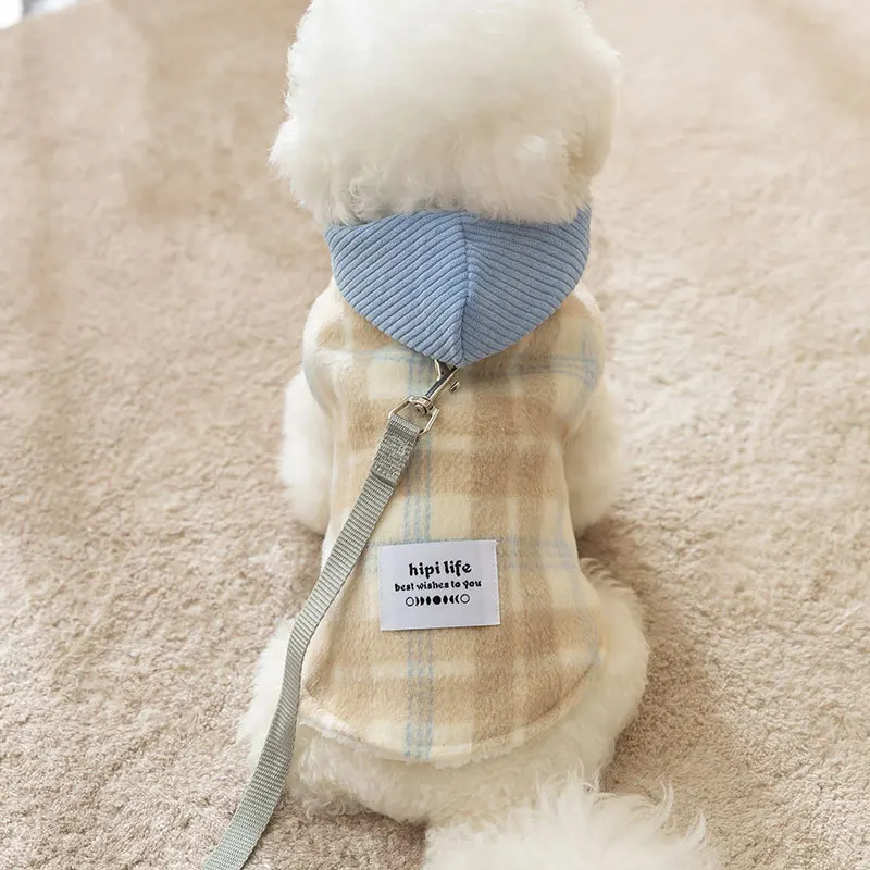 Dog Thickened and Plush Chessboard Plaid Hood Traction Vest Cotton Coat Cat Winter Pet Clothing Dog Costume Autumn and Winter