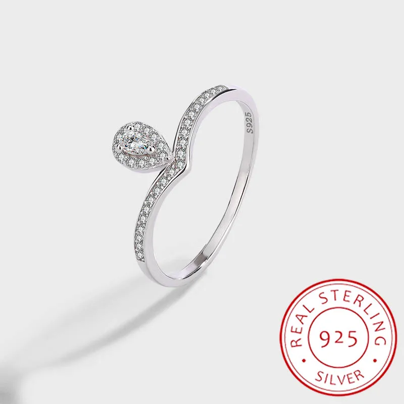 

Exquisite Genuine 925 Silver Water Drop Pear-shaped Ring Women's Geometric V-shaped Wedding Gift Jewelry