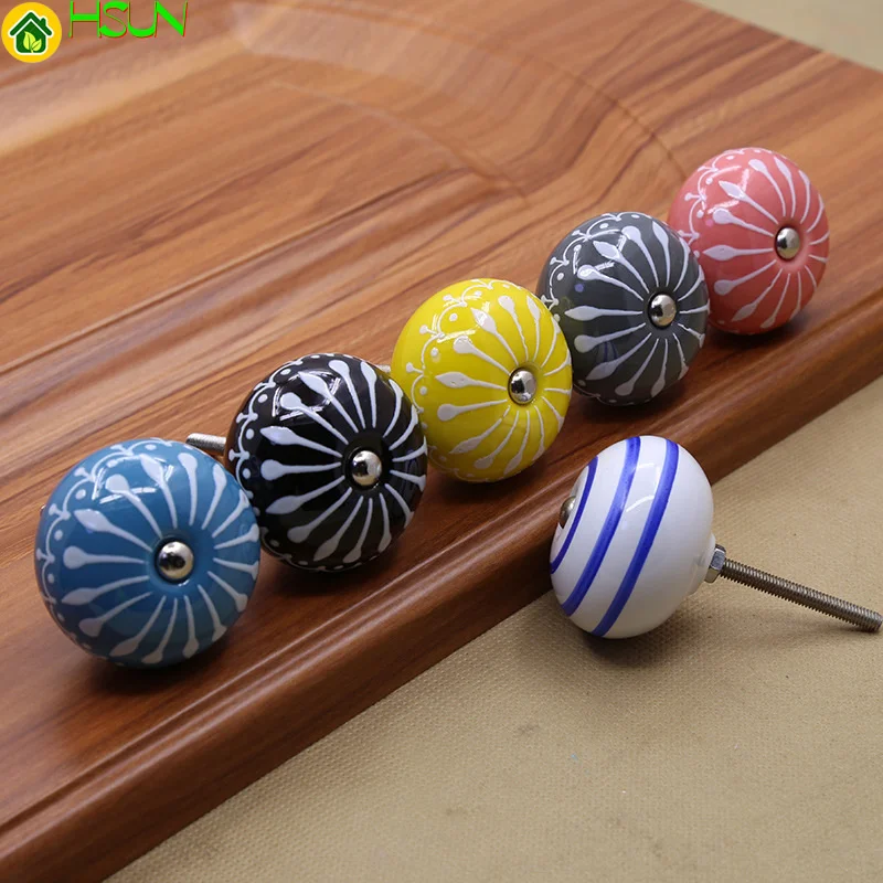 2 pcs Shoe cabinet drawer cabinet wardrobe handle Chinese idyllic ceramic hand painted art handle single hole round new style