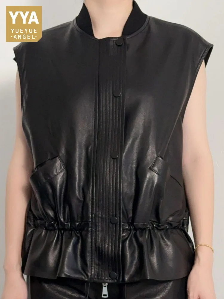 

Leisure Solid Color Internal Zipper Genuine Leather Vest Handmade Single Breasted Pocket Sleeveless Sheepskin Ladies Outerwear