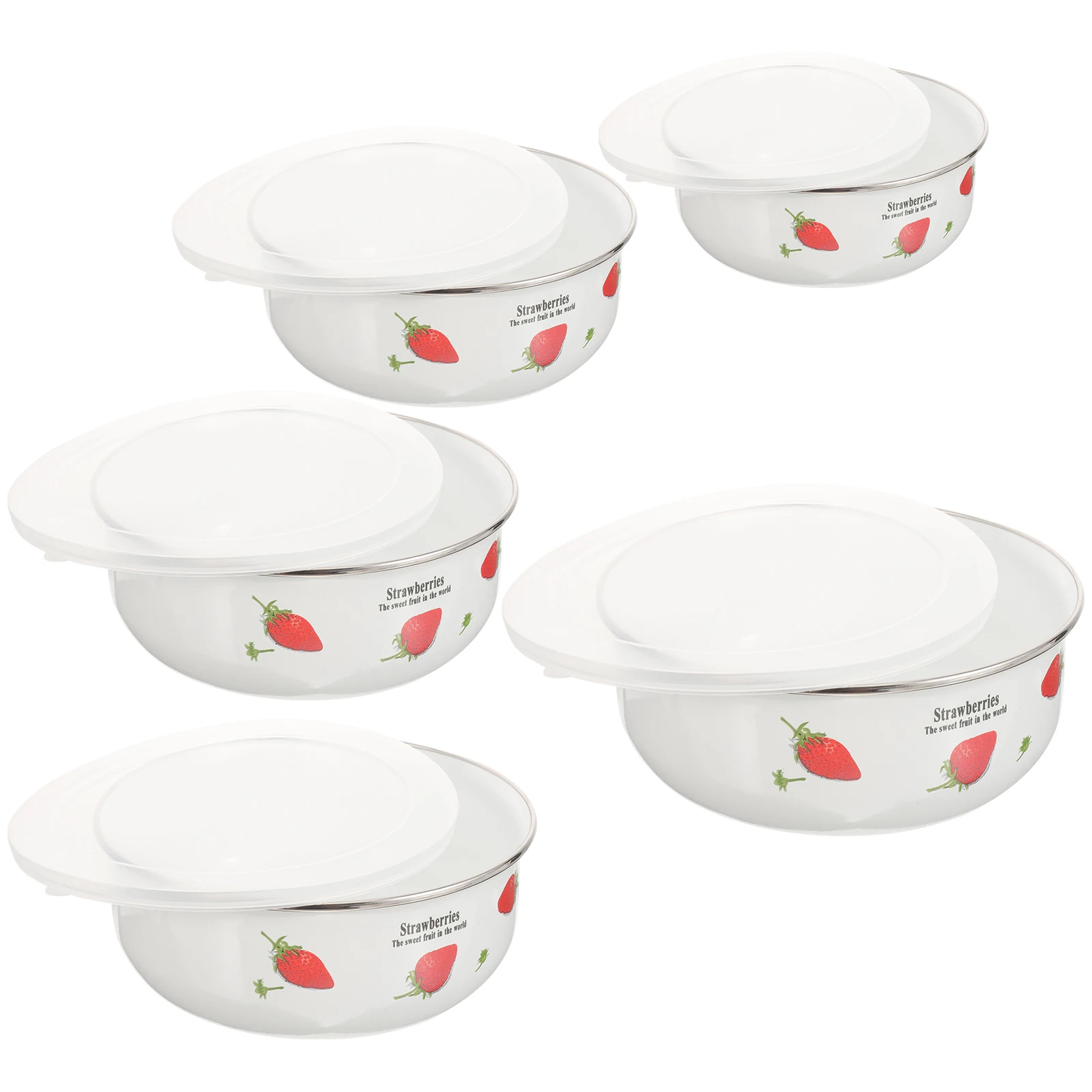 

5 Pcs Enamel Fruit Bowl with Lid Thick Bottom Retro Kitchenware for Salad Soup Storage Stacking Design Red Color