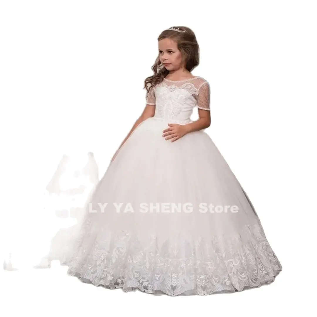 Flower Girls Dresses for Wedding Lace Appliques Beading Short Sleeve Ball Gowns Custom Holy First Communion Gowns for Girls