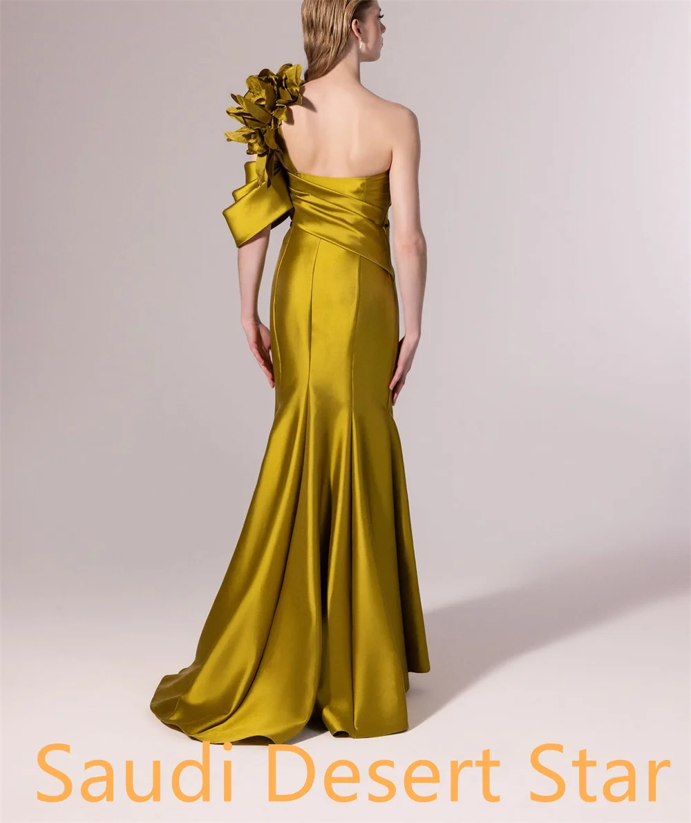 

Customized Temperament Yellow Satin Celebrity Gowns Formal One Shoulder Ruched Flowers Mermaid Zipper Back Vestido De Noche