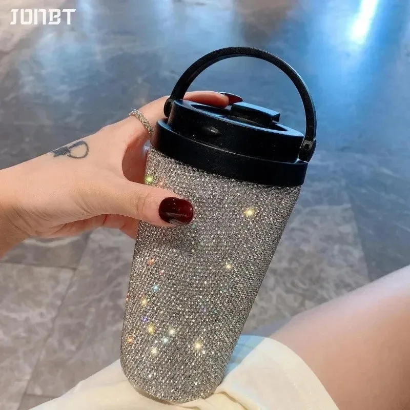 

12oz Blingbling Diamond Stainless Steel Coffee Mug Portable Travel Vacuum Flasks Water Bottle with Handle Reusable Thermoses Cup