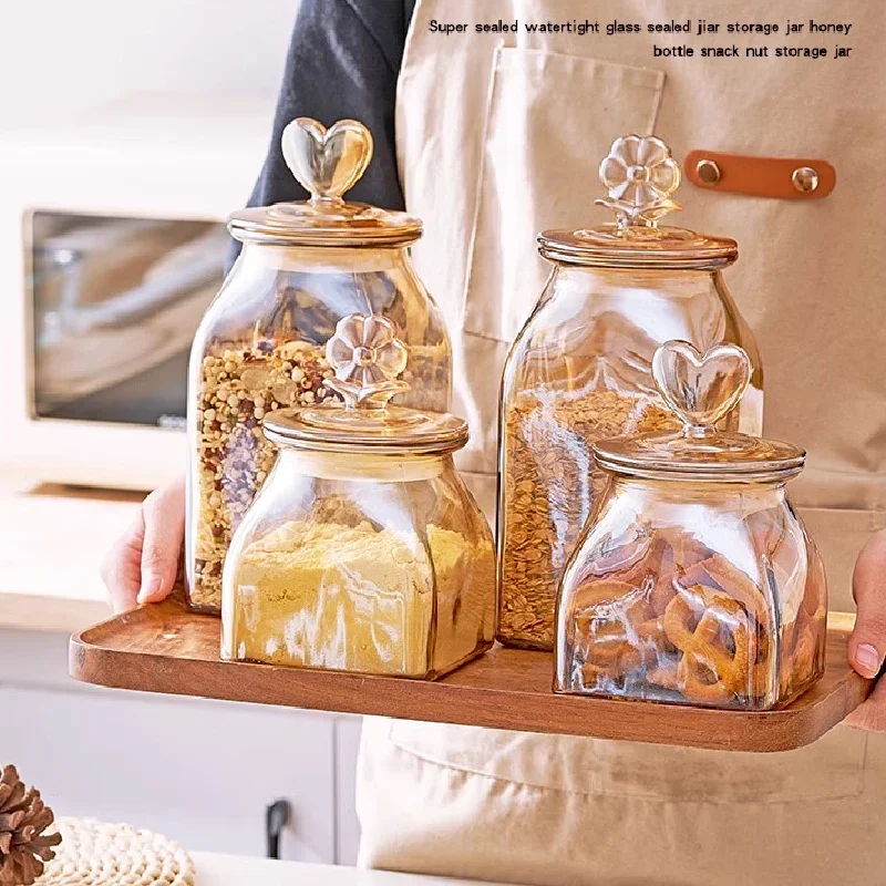 Amber Glass Sealed Jar Love Lid Food Storage Jar Kitchen Glass Jar Seasoning Storage Bottle Dried Fruit Storage Bottle Square