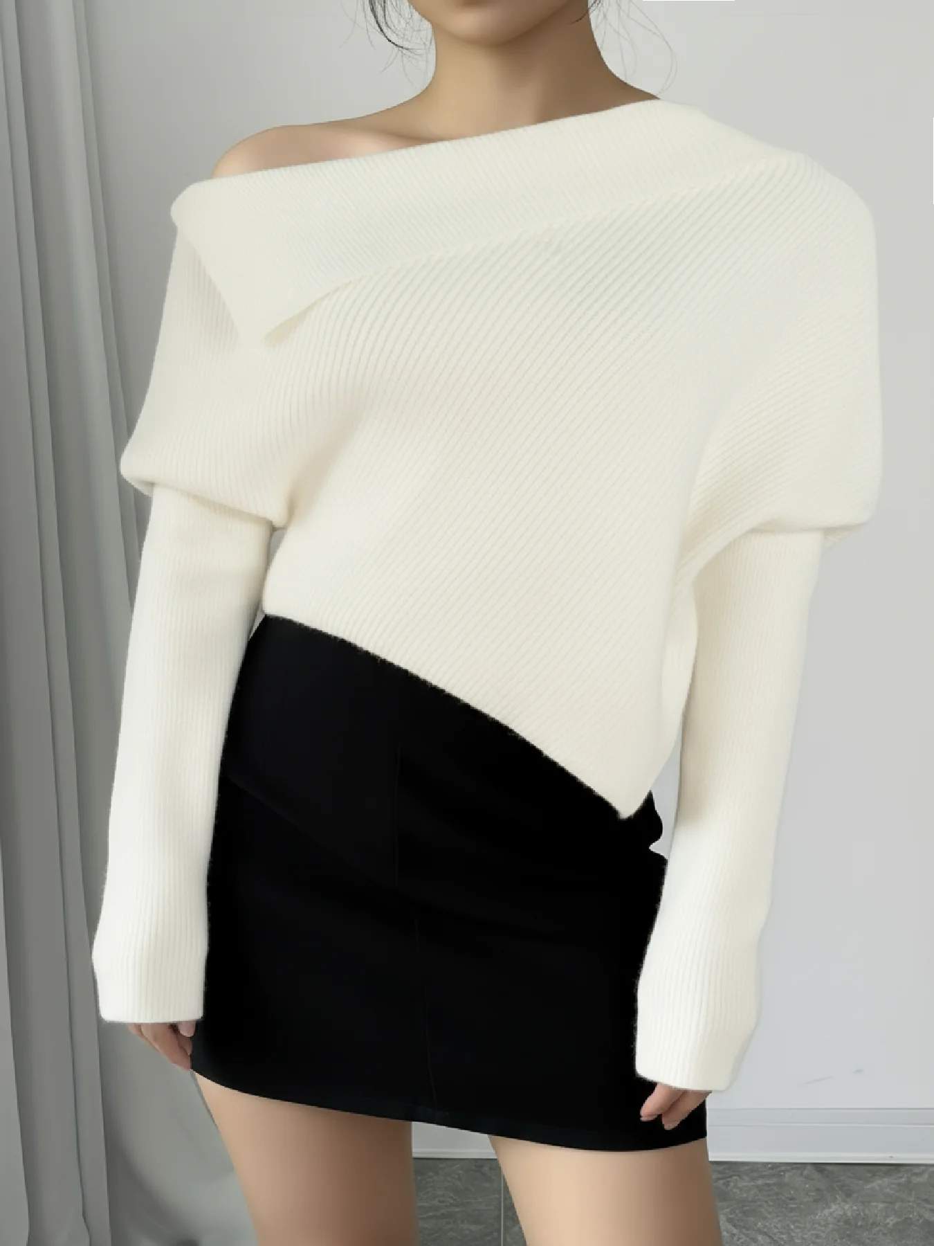 Women Off‑Shoulder Sweater Knit Elegant Daily Wear Autumn Winter Long Sleeve Ribbed Foldover Neck Loose Fit Party Knitwear Tops